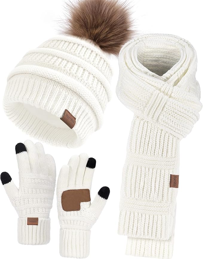 Remifa Winter Beanie Hat Scarf Gloves Set for Women, Slouchy Pom Pom Hat Long Knit Scarf Touchscreen Gloves Christmas Gifts