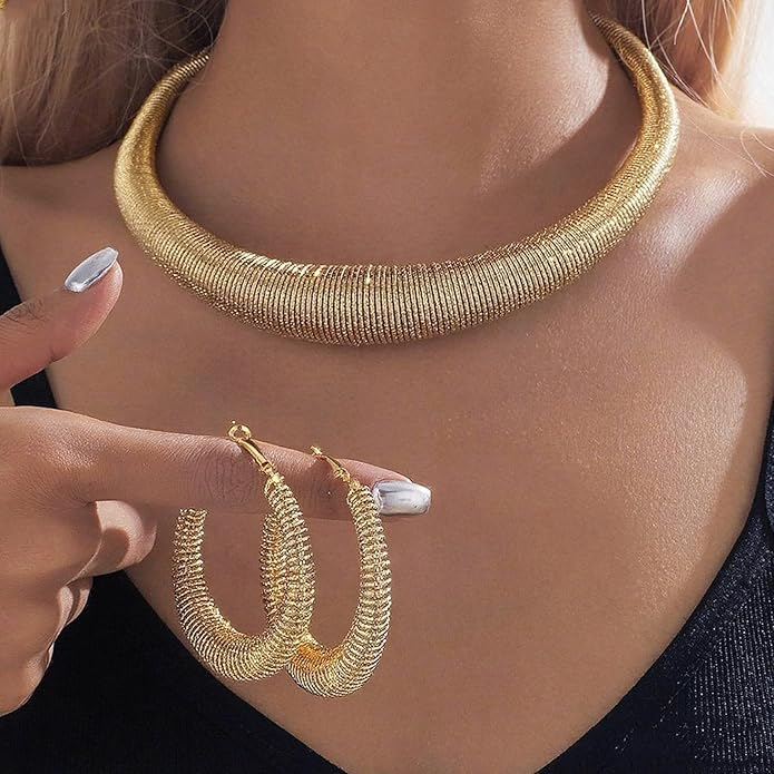 Chunky Gold Hoop Earrings and Spring Statement Necklace Set 2 Piece | Indian Jewelry Sets for Women | Gold Plated Trendy Chunky Hoops & Chunky Chain Gift