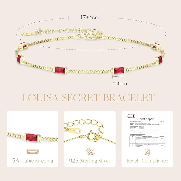 LOUISA SECRET Birthstone Bracelets for Women, 925 Sterling Silver Dainty Simple Women Charm Link Bracelet, Birthday Anniversary Christmas Jewelry Gifts for Women Wife Mom Her