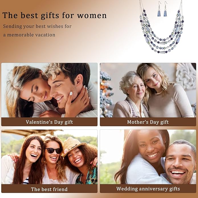 Layered Beaded Statement Necklace Multi Strand Crystal Beads Collar Necklace and Earring Sets for Women Fashion Costume Jewelry Set Gifts for Her