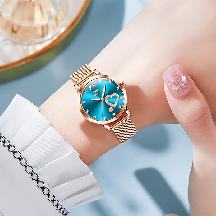 OLEVS Women's Small Wrist Rose Gold Tone Watch - Cute Diamond Heart Arabic Numerals Dial, Fashion Waterproof Mesh Bracelet Analog Dress for Ladies