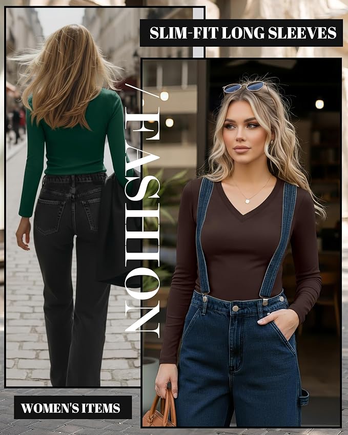 Ficerd 3 Pack Women's Long Sleeve Shirts, V Neck Basic Tees Slim Fitted Casual Fall Tops Going Out Blouses T Shirts