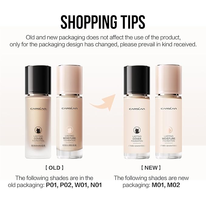 CARSLAN Lasting Moisture Foundation, 24H Longlasting Medium Coverage Dewy Finish Face Makeup, Poreless, Lightweight, Waterproof, Oil Free Liquid Foundation, P02