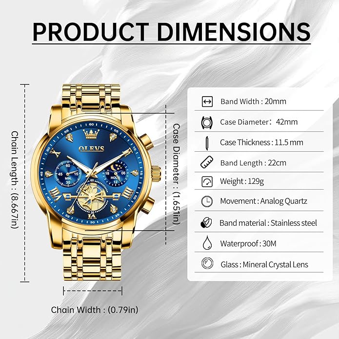 OLEVS Men Silver Watches,Men's Stainless Steel Chronograph Watch,Man Analog Quartz Big Face Male Watches Luxury Waterproof Roman Numeral Dress Diamond Relojes para Hombre