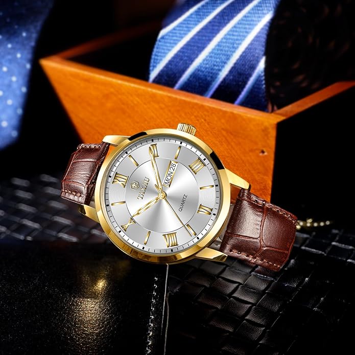 Leather Band Mens Watches with Day Date Quartz Analog Large Face Classic Watch Roman Numerals Dress Luminous Rlojes para Hombres