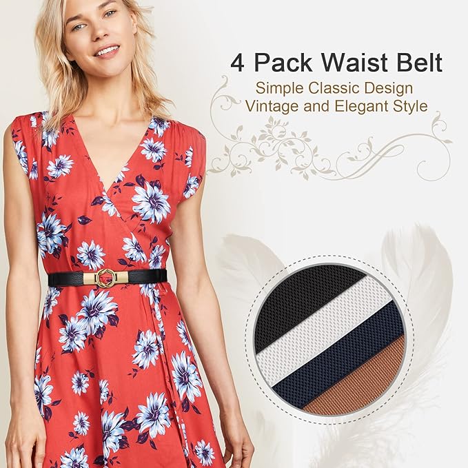 WERFORU Women Skinny Belt for Dresses Retro Stretch Waist Belt with Gold Buckle Set of 4