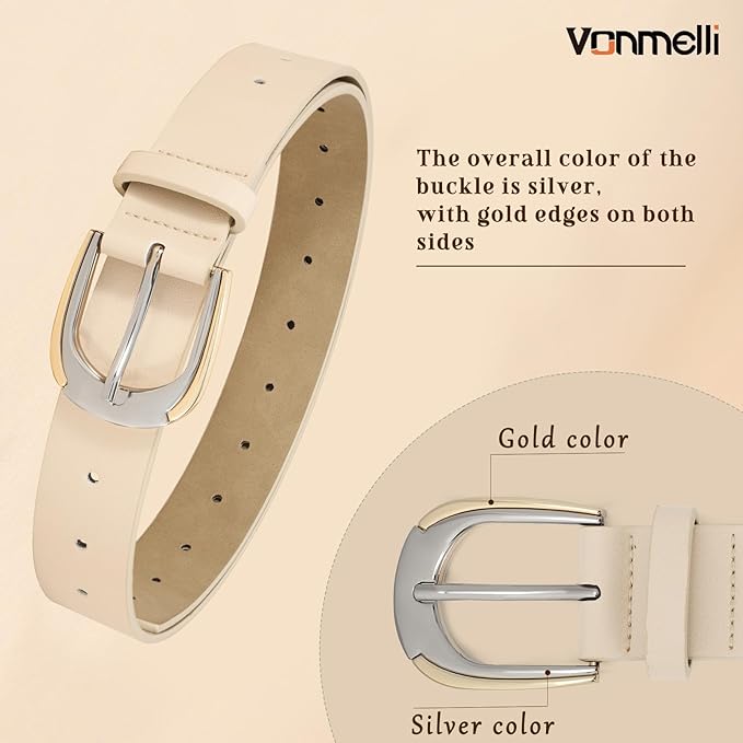VONMELLI Women Leather Belt for Pants Jeans Dresses Ladies Belts with Fashion Gold Silver Buckle