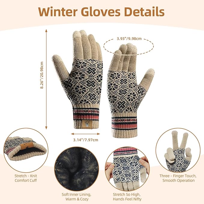 Womens Winter Beanie Hat Long Scarf and Touchscreen Gloves 3Pieces Fleece Lined Skull Caps with Pompom Neck Scarves Set