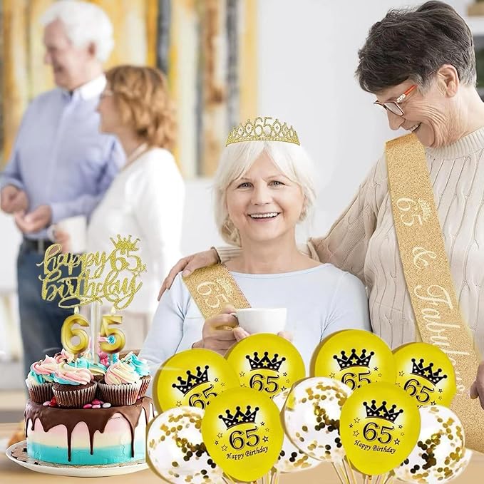 65th Birthday Decorations for Her Girls Set, Include 65th Birthday Crown and 65 Sash, 65th Birthday Cake Topper and 65 Birthday Candles, Gold 65 Balloons, Women 65th Party Supplies(Gold)