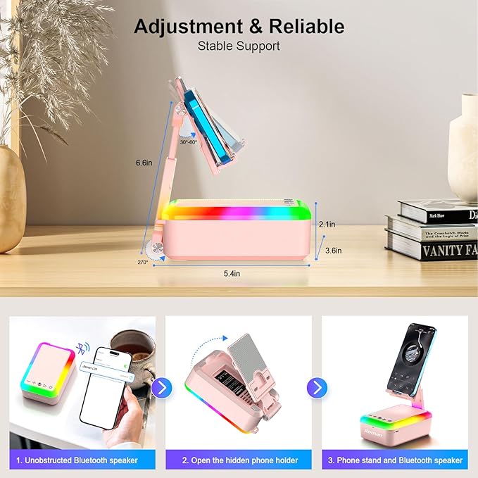 JTEMAN Cell Phone Stand with Bluetooth Speaker and Light, Portable Lanyard, Cool Tech Gifts for Wife Mom Women Men, Unique Birthday Gift Idea Pink