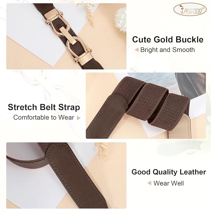 JASGOOD Women Stretchy Waist Belt Retro Elastic Skinny Belt for Ladies with Gold Buckle