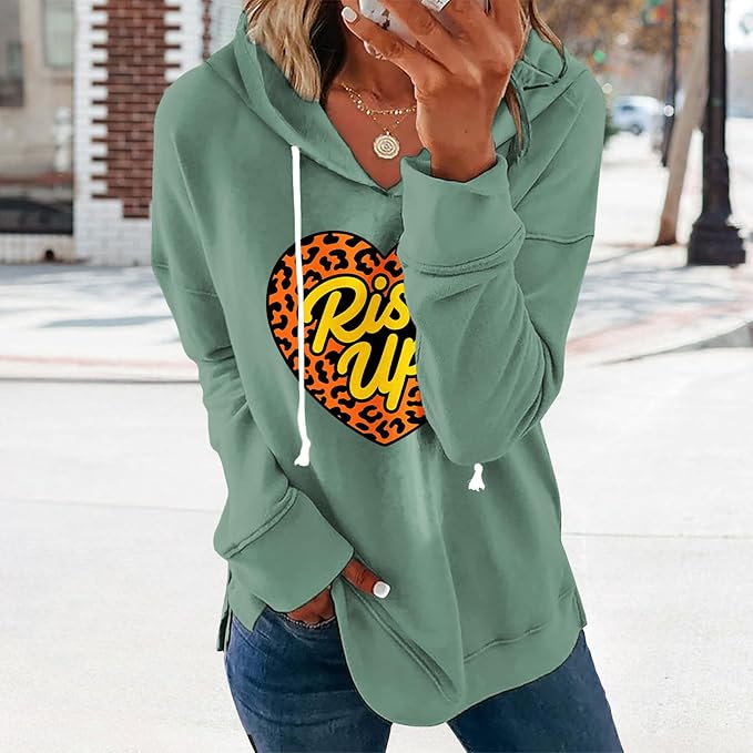 Womens Casual Loose Fit Pullover Sweatshirt with Artistic Print Drawstring Hood Long Sleeve Cotton Blend for Fall