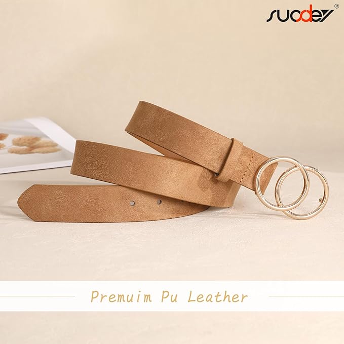 SUOSDEY Women Leather Belt Fashion Double O-Ring Soft Faux Leather Waist Belts For Jeans Dress