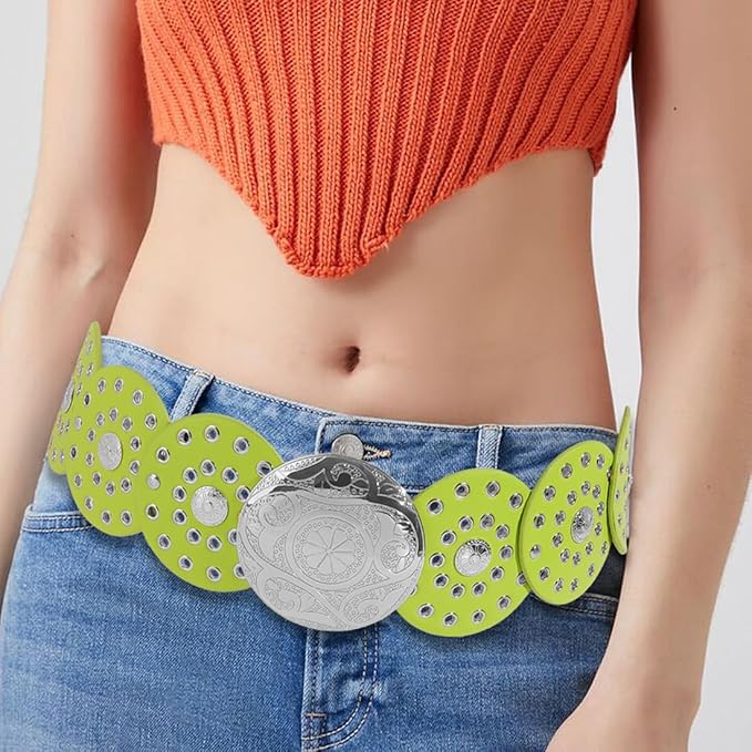 Hollow Wide Disc Belt for Women Concho Leather Metal Buckle Boho Belt Cowgirl Vintage Western Chunky Waist Belts