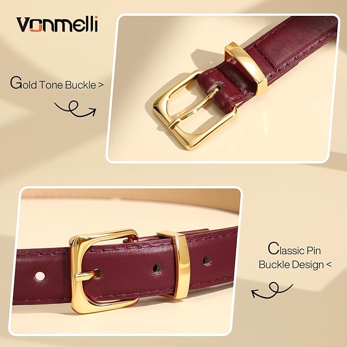 VONMELLI Womens Thin Leather Belt for Jeans Pants Dress Fashion Skinny Belt with Gold Buckle for Women