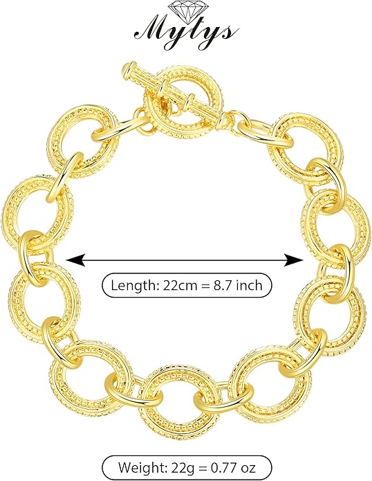 Mytys Chunky Chain Link Bracelet Two-Tone Mixed Metal Textured Toggle Clasp Statement Bangle Bracelet Jewelry for Women Fashion