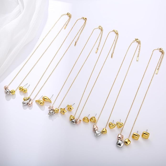 Dainty Geometric Jewelry Set for Women - Stainless Steel Necklace & Earrings Minimalist Matching Set