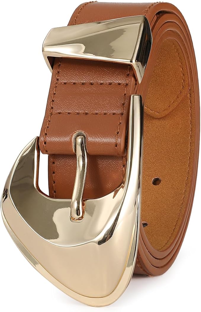 Women's Brown Belt Trend Belt with Gold Buckle Fashion Leather Waist Belt for Jeans Pants