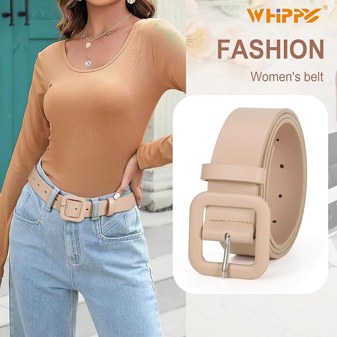 WHIPPY Women Leather Belt Candy Color Fashion Square Buckle Belt Ladies Belt for Jeans Pants Dresses