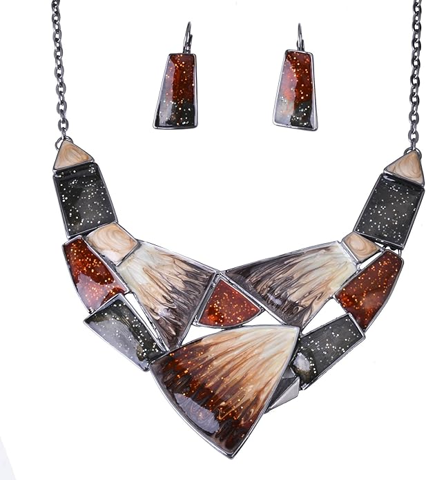 Irregular Enamel Triangle Shape Collar Bib Statement Necklace Earrings Set Women Bridal Jewelry