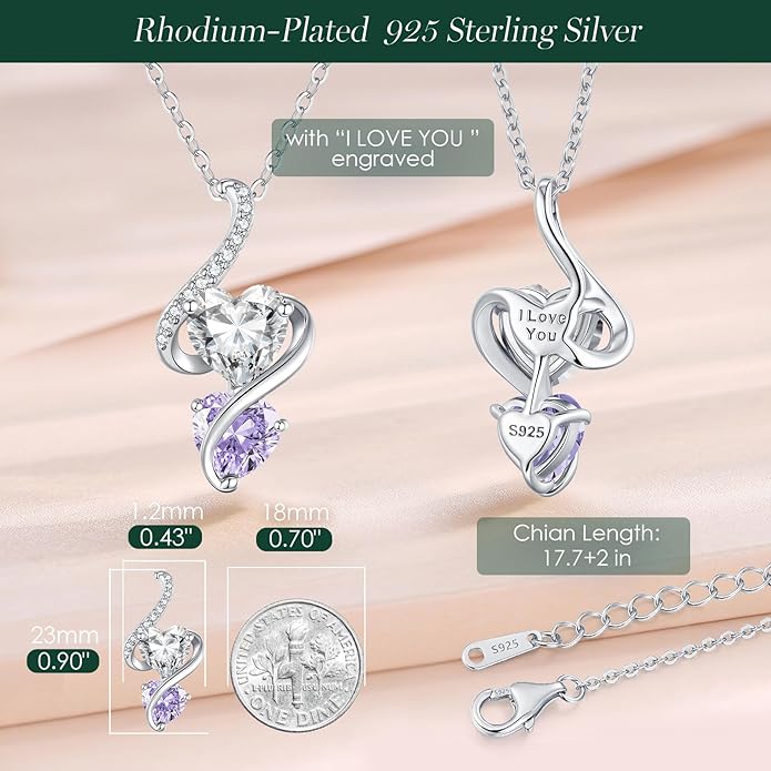 LOUISA SECRET Unique Double Heart Necklace Gifts for Wife Women, 925 Sterling Silver Tiny Birthstone Pendant Jewelry Gift for Her Girlfriend Mom Valentine's Day Anniversary Mother's Day Birthdays & Christmas