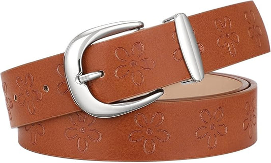 SANSTHS Womens Belt for Jeans Pants Dresses with Alloy Buckle, Floral Print Belt for Women with Unique Print Design