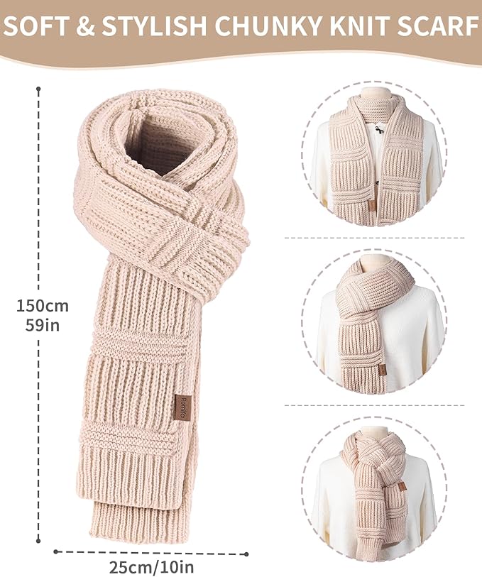 Remifa Winter Beanie Hat Scarf Gloves Set for Women, Slouchy Pom Pom Hat Long Knit Scarf Touchscreen Gloves Christmas Gifts