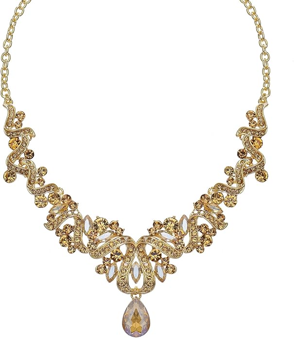 Jewelry Set for Women, Statement Necklace Dangle Earrings Bracelet Ring, White/KC Gold Plated Jewelry Set with Rhinestone Pearl Crystal Wedding Party Jewelry for Bridal Bridesmaid