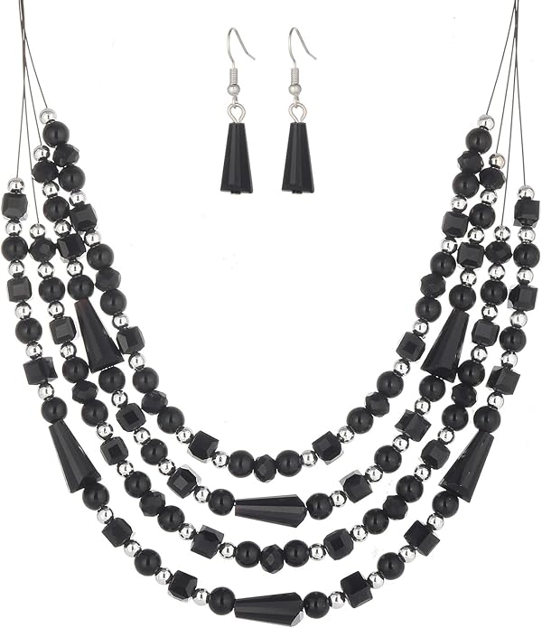 Layered Beaded Statement Necklace Multi Strand Crystal Beads Collar Necklace and Earring Sets for Women Fashion Costume Jewelry Set Gifts for Her