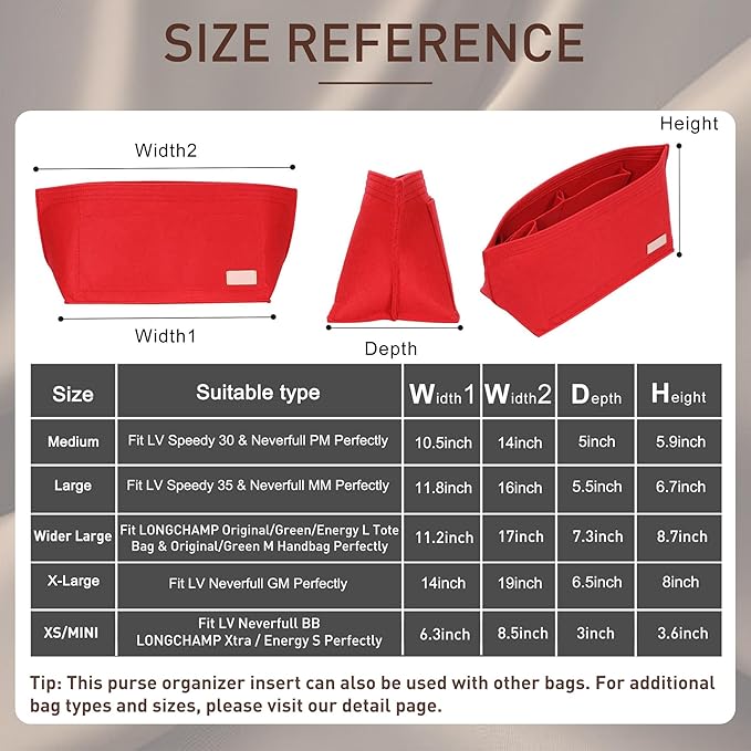 Doxo Purse Organizer Insert Handbag&Tote Felt Bag Fits for Speedy 35 and Neverfull MM Red