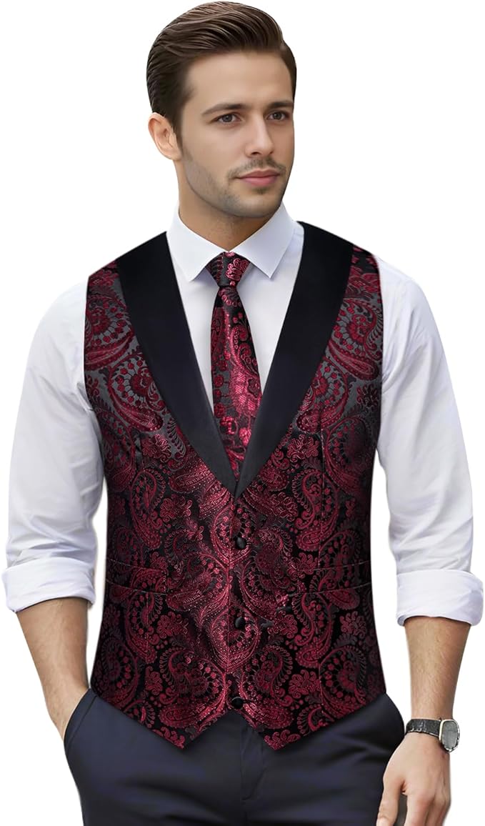 DiBanGu Mens Paisley Suit Vest Silk Jacquard Waistcoat and Necktie Set Formal Shawl Collar Dress Vest 7PCS for Wedding Party