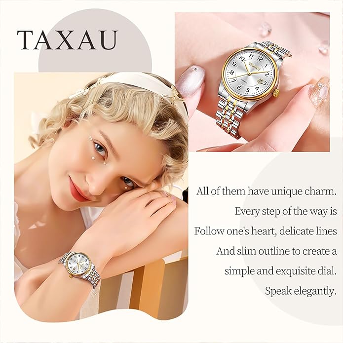 Womens Watch Fashion Dress Waterproof Silver Watches for Women Casual Easy Read Quartz Analog Women's Watch Two Tone Stainless Steel Ladies Watches with Day Date