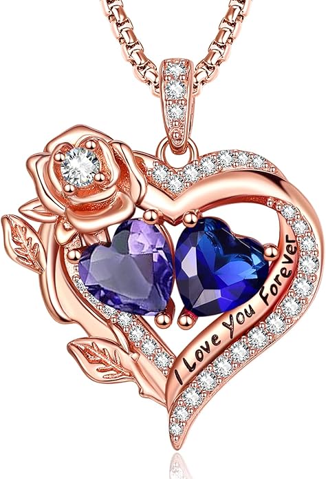 Rose Heart Necklaces for Women, Rose Gold Forever Love Jewelry with 2 Birthstones Pendant, Christmas Anniversarry Birthday Gifts for Her Wife Mom Grandma, 18+2 Inch Chain