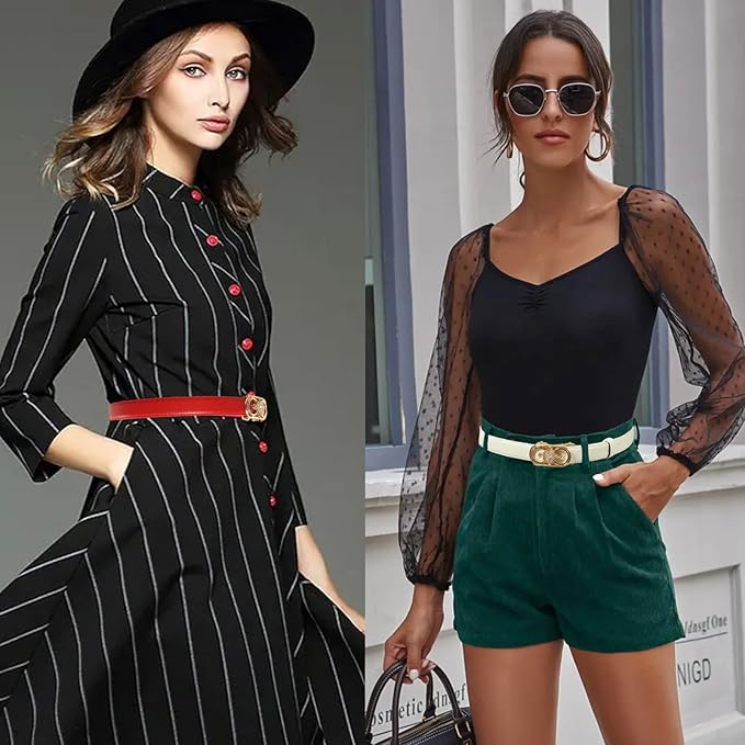 Women's Fashion Classic Metal Buckle Leather Belt with Jeans Dress