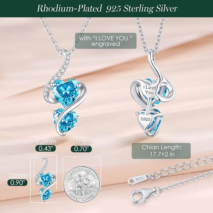 LOUISA SECRET Unique Double Heart Necklace Gifts for Wife Women, 925 Sterling Silver Tiny Birthstone Pendant Jewelry Gift for Her Girlfriend Mom Valentine's Day Anniversary Mother's Day Birthdays & Christmas