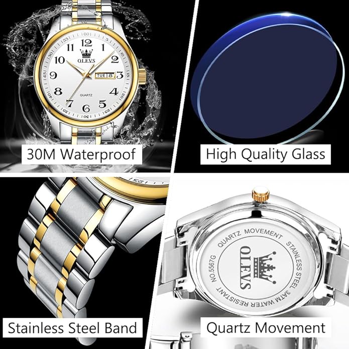 Men's Casual Stainless Steel Watch, Big Face Easy to Read Analog Quartz Watch with Day and Date, Classic Waterproof Diamond Roman Arabic Numerals Dial Dress Watch for Men, Gold Silver Black Band