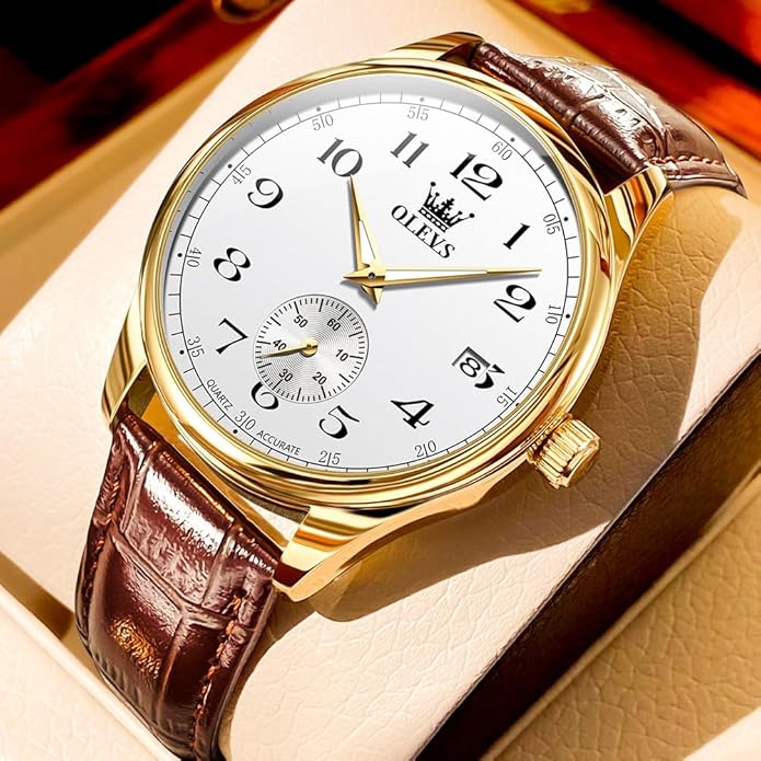 OLEVS Mens Watches Vintage Leather Band Dress Classic Easy Reader Arabic Numerals Analog Quartz Waterproof Date and Day Blue/Black/White Large Face Men's Wrist Watches