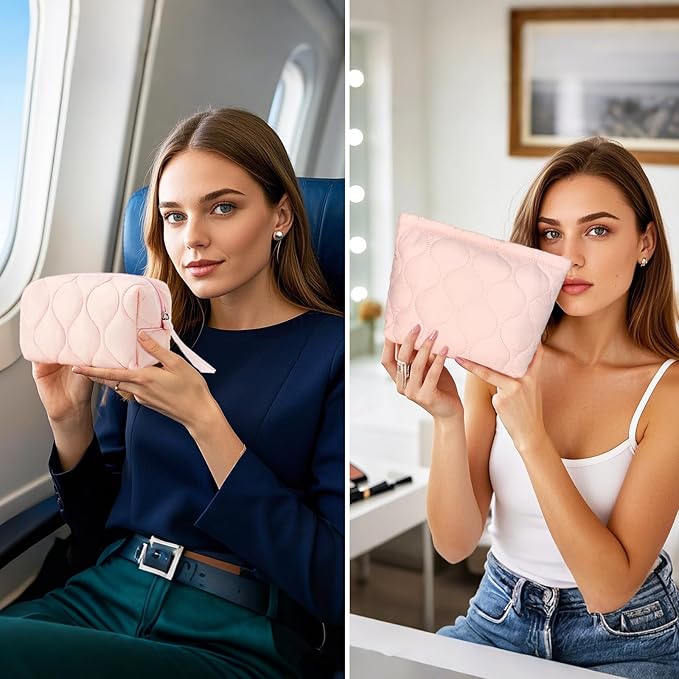 SERENEDWELLING2 PCS Quilted Makeup Bag Set Coquette Cosmetic Bag Toiletry Travel Organizer, Small Medium Large, Cute Portable Puffy for Women Girls, Pink