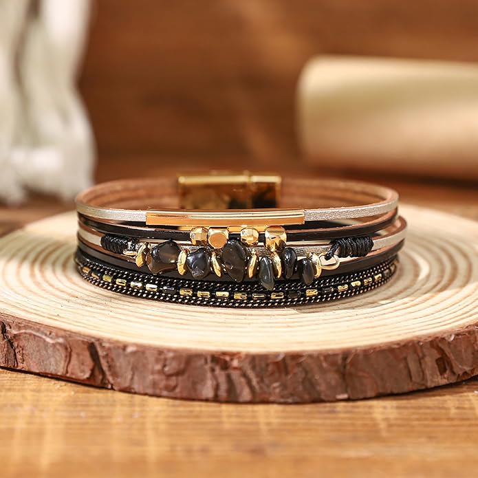 Fesciory Leather Wrap Bracelets for Women, Boho Leopard Multi-Layer Crystal Beads Cuff Bracelet Jewelry