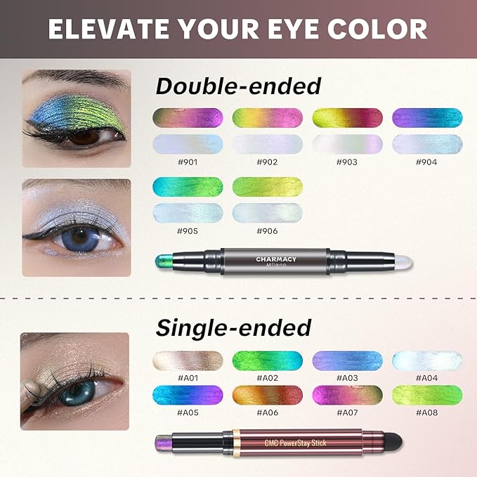 CHARMACY New Duochrome Long Stay Eyeshadow Stick, Creamy Eye Shadow Stick, Multicolor-Shifting Glitter Eyeshadow, Waterproof & Smudge-Proof, High Pigmented, Built-in Smudger #07