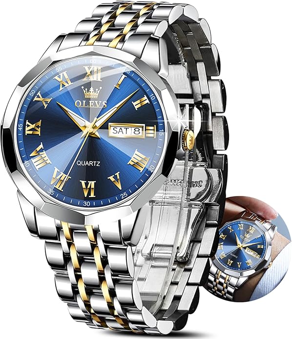 OLEVS Classic Men Watches with Date,Stainless Steel Man Watch with Date, Bussiness Watches for Men,Luminous Quartz Mens Watches Black/White/Blue/Gold, Waterproof Male Watch with Week