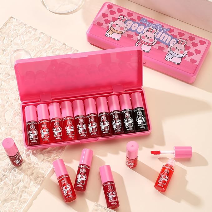 10 Pcs Lip Tint Set Cute Glossy Lip Stains and Matte Lipsticks with Long-lasting and Quick-drying Mini Lip Gloss Lipstick for Makeup Gift (Rabbit, Lip Gloss)