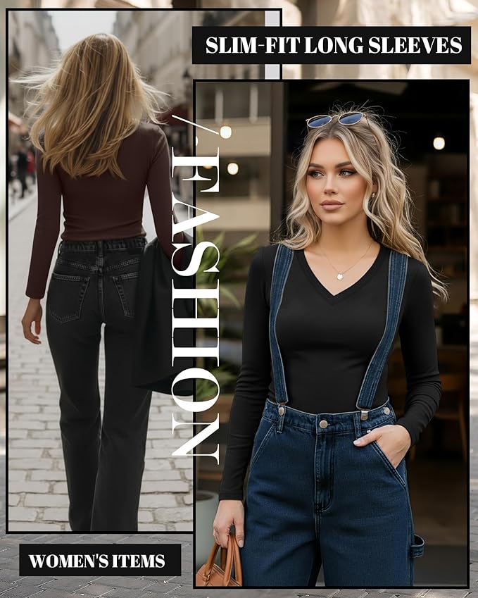 Ficerd 3 Pack Women's Long Sleeve Shirts, V Neck Basic Tees Slim Fitted Casual Fall Tops Going Out Blouses T Shirts
