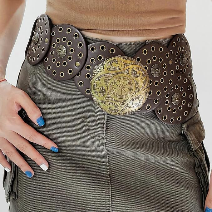 Hollow Wide Disc Belt for Women Concho Leather Metal Buckle Boho Belt Cowgirl Vintage Western Chunky Waist Belts