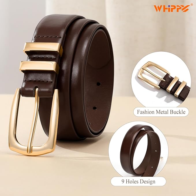 WHIPPY Women's Leather Belts for Jeans Pants Fashion Ladies Belt Gold Buckle Belts for Women
