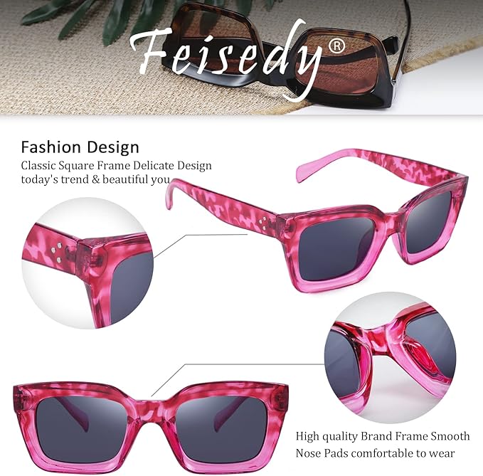 FEISEDY Classic Women Sunglasses Fashion Thick Square Sun Glasses Chunky Frame UV400 B2471