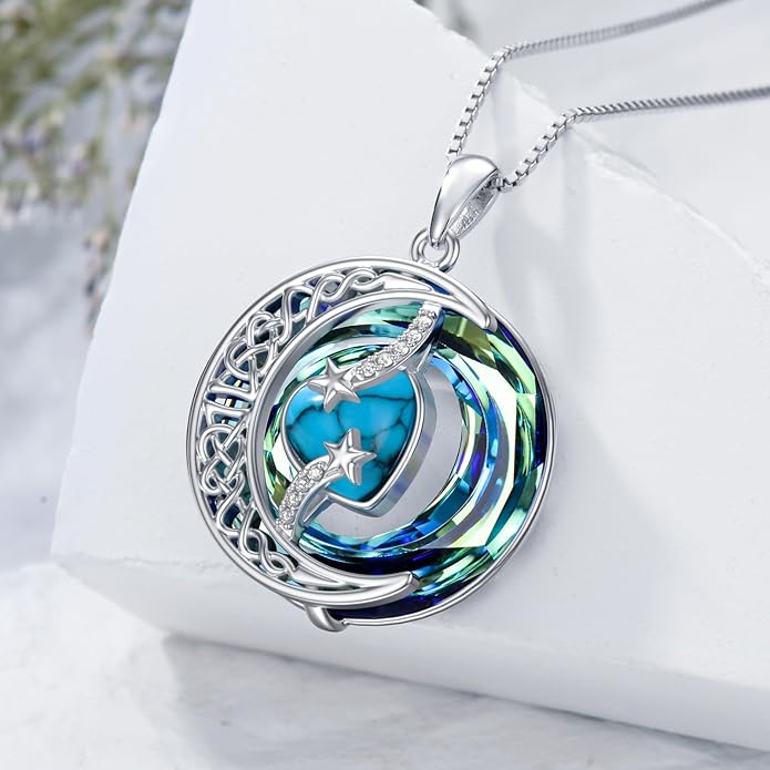 TOUPOP Birthstone Necklace 925 Sterling Silver Moon and Star Pendant with Blue Crystal Celtic Moon Jewelry Birthday Valentines Day Gifts for Women Mom Wife Her