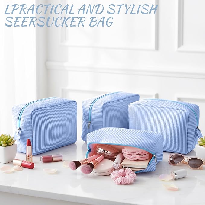 Sanwuta 3 Pcs Seersucker Makeup Bags Seersucker Cosmetic Bags Striped Women Large Travel Toiletry Organizer Preppy Storage Pouch for Embroidery Wedding Bridesmaid Gifts(Light Blue)