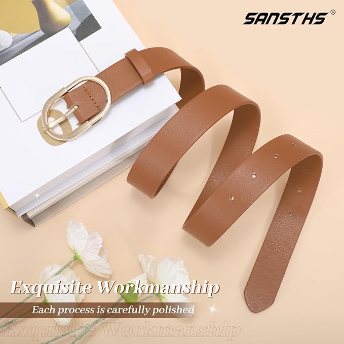SANSTHS Women Faux Leather Chic Belts for Jeans Pants Fashion Ladies Belt Solid Color with Gold Curved Pin Buckle