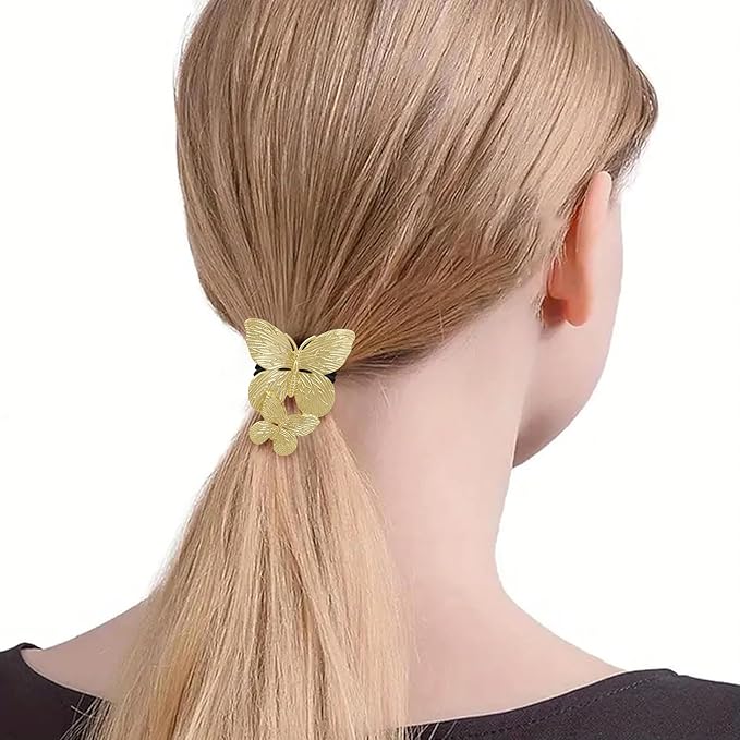Gold Metal Hair Ties for Women - Cuffs, Accessories, Elastic Bands, Ponytail Cuff, Butterfly Ties for Thick and Thin Hair